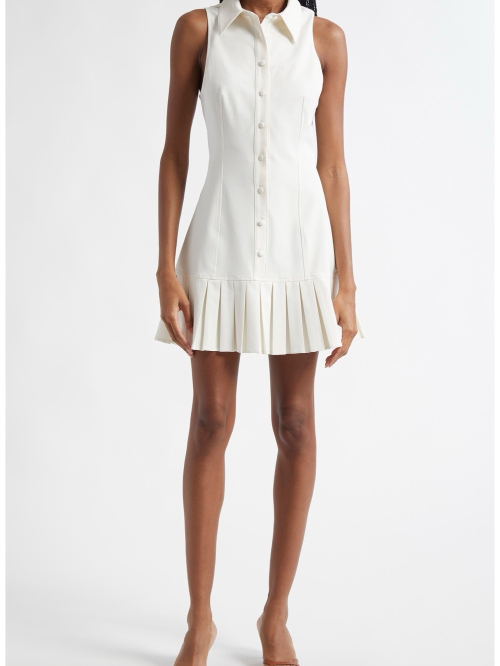 cinq a sept White Sleeveless Button-Front Pleated-Hem Mini Dress